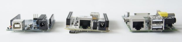 The Arduino Uno, BeagleBone and Raspberry Pi Note the Ethernet ports on the BeagleBone and Raspberry Pi