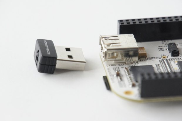 A very small USB WiFi adapter plugs right in to the BeagleBone or Raspberry Pi , and the Linux operating system can support these types of devices 