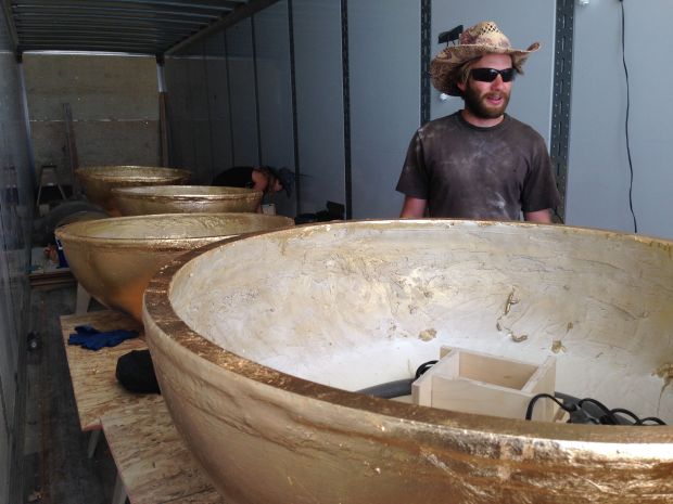 Inside the dome workshop box truck—domes were molded and covered in real gold leaf