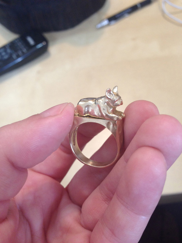 A finished bulldog ring, created by covering the wax sculpture in silver, brass, bronze, or gold