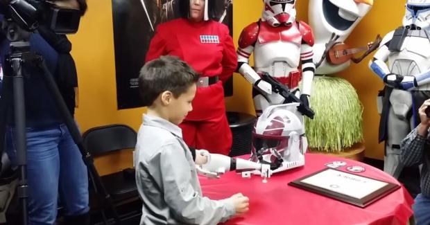 Liam Porter sporting his 3D printed Clone Trooper prosthetic that was designed by John Peterson with E-Nable.