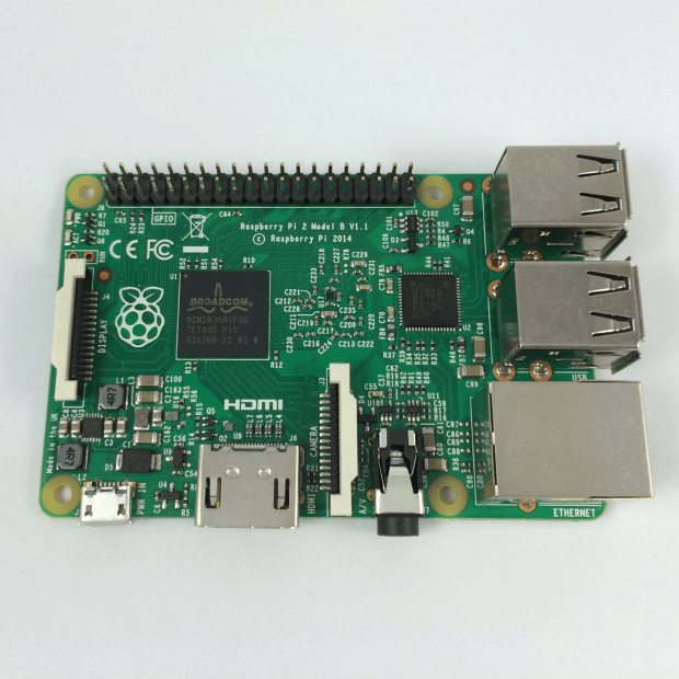 The front of the new Raspberry Pi 2 featuring the new BCM2836 processor (left). The second chip on the board (right) is the LAN9154 USB hub and Ethernet Controller.
