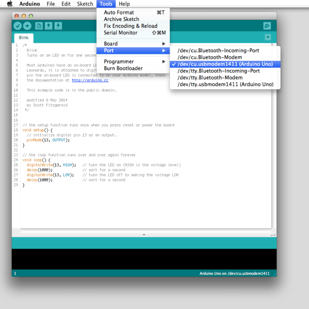 The new Arduino IDE showing off the new board detection feature — boards are detected and listed on 'Port' menu along with the serial associated port.